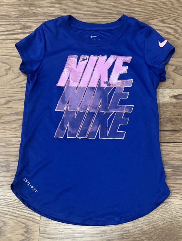 Nike Girls 6x Dri-fit Short Sleeve Shirt Tee Blue Purple Glitter Athletic Spring
