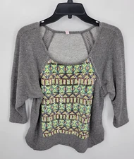 Plenty by Tracy Reece Sweater Womens Large Gray Multi Embroidered Sequined Artsy