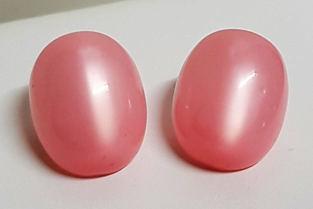 Boucles D'oreilles Vintage Clips - Cabochon Lucite Rose Lumineux - Laiton - G6