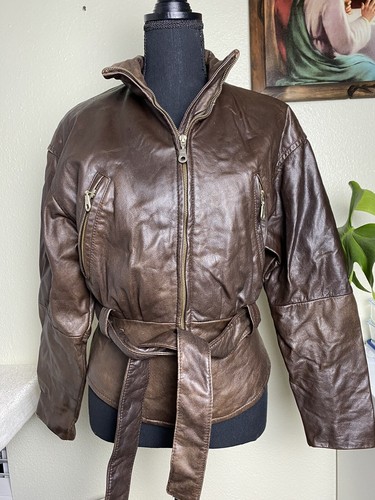 Women’s Winter Jacket Size S Vintage AB-SPORT Biker’s Brown Leather Lined - Picture 2 of 11