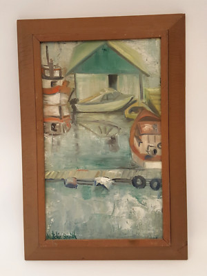 Vintage 60s 70s original oil painting listed artist Natalie Smith boats Huck's