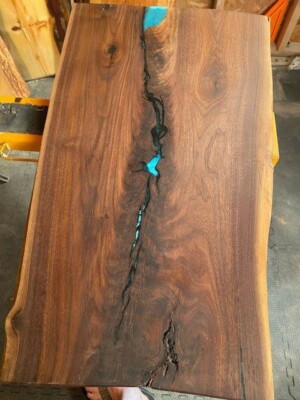 Black Walnut slab with Turquoise Epoxy finished with Danish Oil