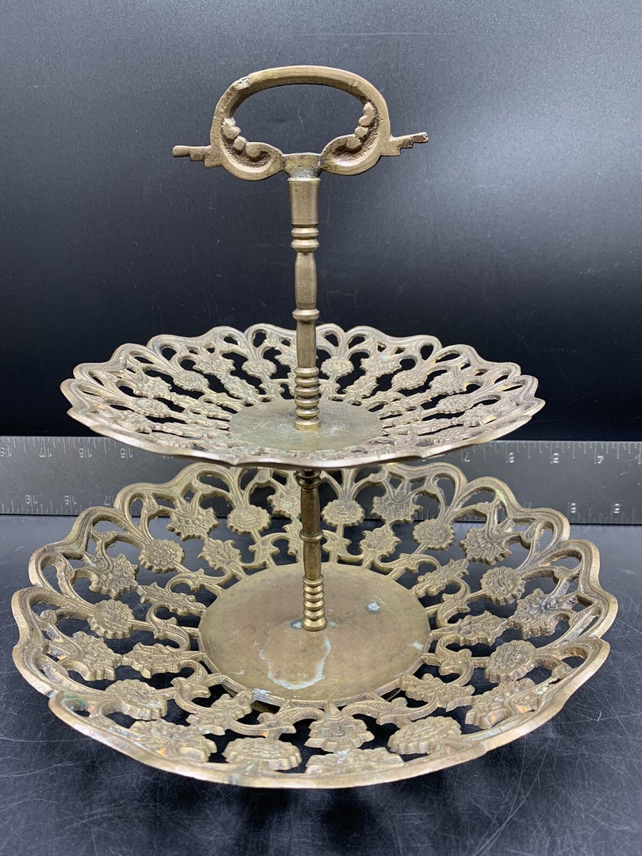 Vintage Brass Two Tier Metal Handle Serving Tray Dish Bowl Plate