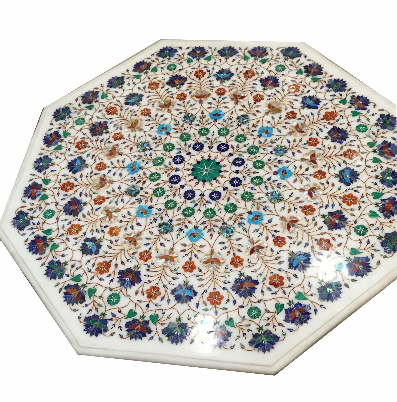 42-inch Handmade Marble Sofa Table with Semi-Precious Stone Inlay  