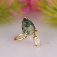 925 Silver Gold Plated Moonstone, Moss Gate Gemstone Adjustable Rings Jewelry