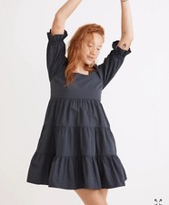 MADEWELL Poplin Lizzie Babydoll Dress Women Sz 8 Navy Blue Cottagecore Peasant