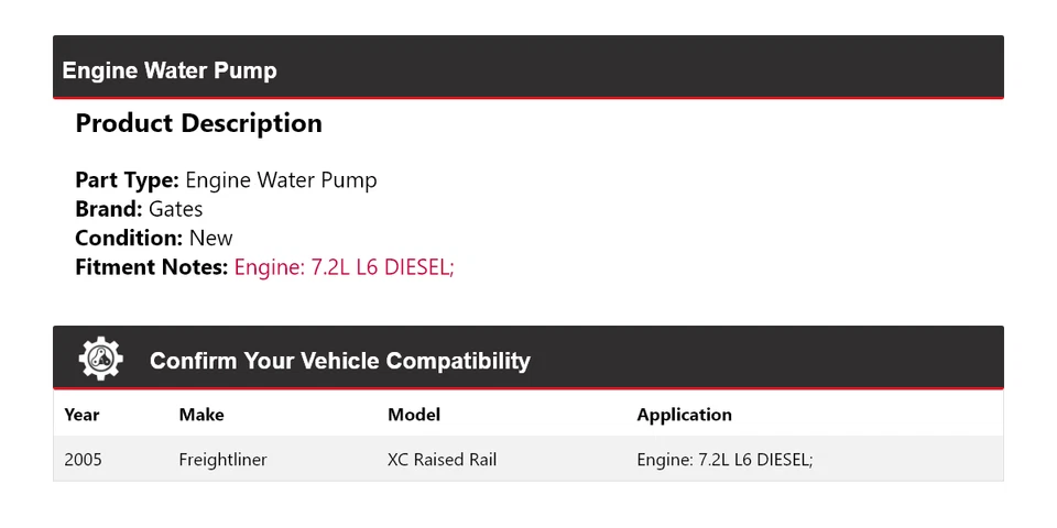 Portões de bomba de água motor diesel Freightliner XC Raised Rail 7.2L L6 2005 - Imagem 2 de 4