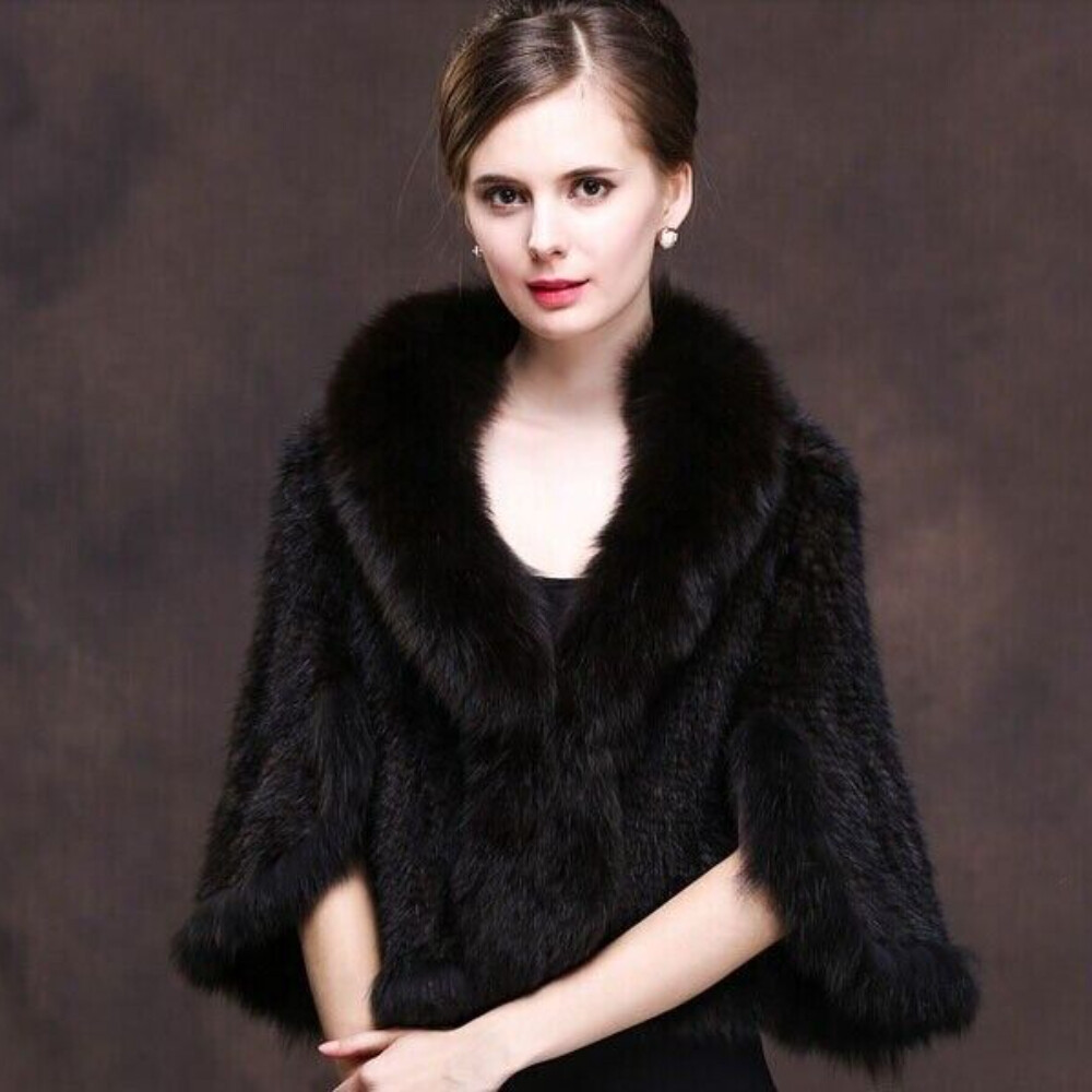 Handmade Knit Classic Ladys Shawl Mink Fur with Fox Fur Collar