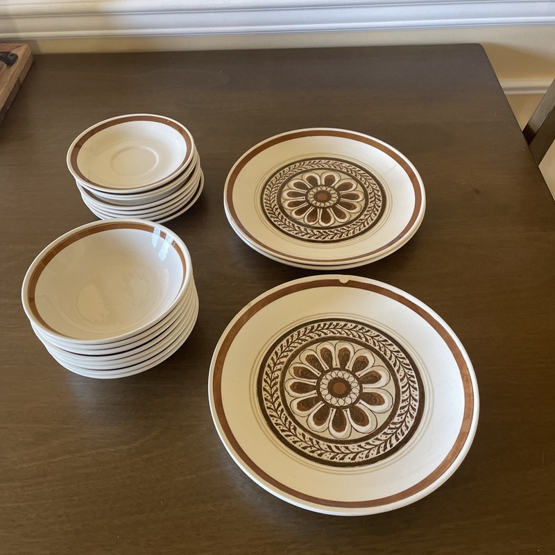VINTAGE Cavalier Ironstone ROYAL CHINA Brown Flower-4 Plates; 8 Saucers; 8 Bowls