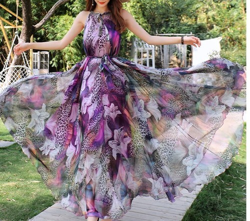 Maya Antonia Maxi Abito in Chiffon con Sciarpa, Viola Floreale/Senza Maniche/Fluido - Foto 3 di 8