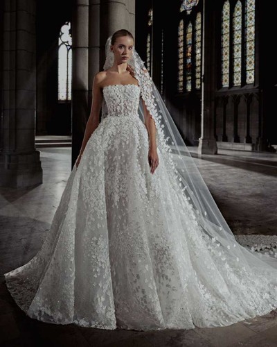 3D Floral Appliques A-line Wedding Dresses Long Train Bridal's One Shoulder Gown - Picture 2 of 7