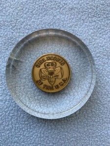 Vintage Girl Scouts Of The USA Lucite? Acrylic? Brass? Token Paperweight