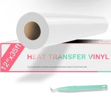HTVRONT HTV Vinyl Rolls Heat Transfer Vinyl 12”x35” White  Shirts Iron On Cricut