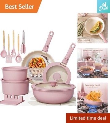 Versatile 21-Piece Cookware Set in Pink - Non-Stick, Oven Safe, Perfect for RVs