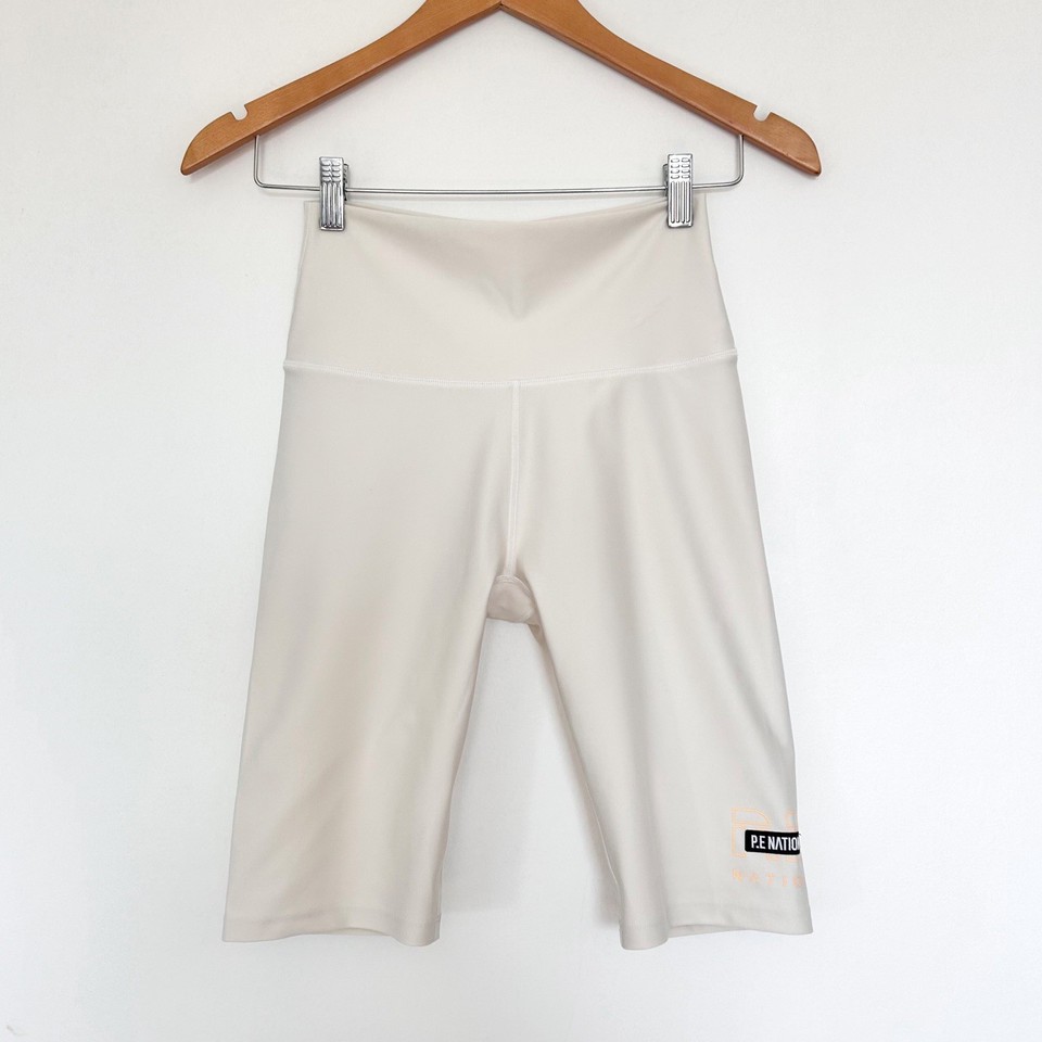 P E Nation Bike Shorts Size Medium Cream High Waisted Activewear Gym
