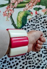 Fun Vintage 1980's Expandable Thermoset - Hot Pink and White Wide Cuff Bracelet