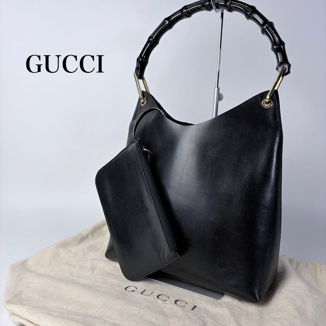 GUCCI Bamboo Leather Shoulder Bag with Pouch Gold Hardware Small Black Authentic
