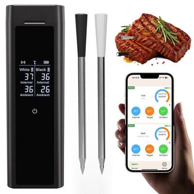 Wireless Meat Thermometer with 2 Color-Coded Probes, ±1.8  Accuracy, Black