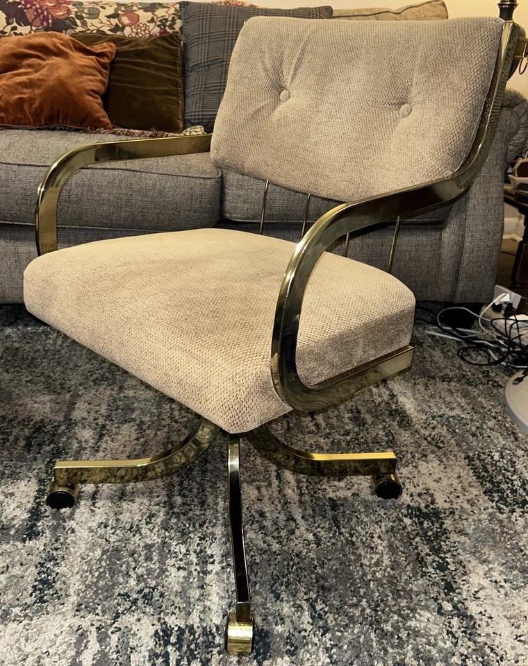Vintage Hollywood Regency Chromcraft Brass Style/Upholstered Rolling Chairs Set - Image 3 of 4