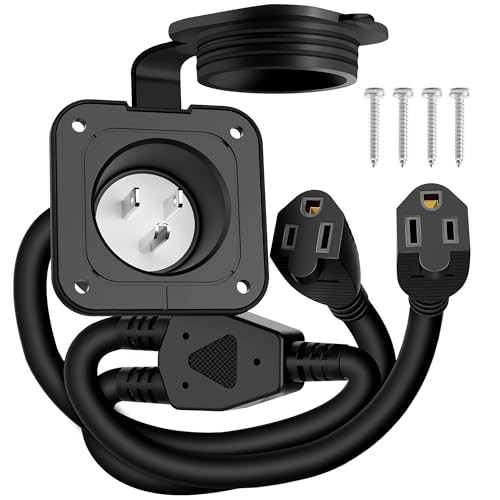 15 Amp AC Port Plug, 125V Shore 15A Flanged Inlet with Dual Extension Cord