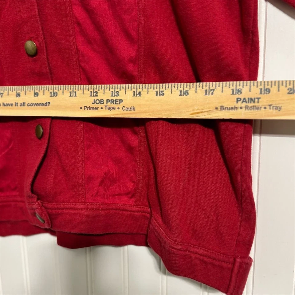 Coldwater Creek Red Knit Jean Trucker Jacket L Cotton Spandex Embroidered Panel - Image 4 of 4