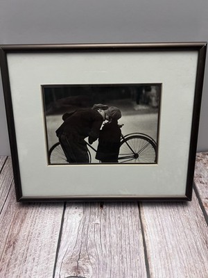 Framed Black & White Photograph   Vintage Style Couple Kissing by Bicycle 