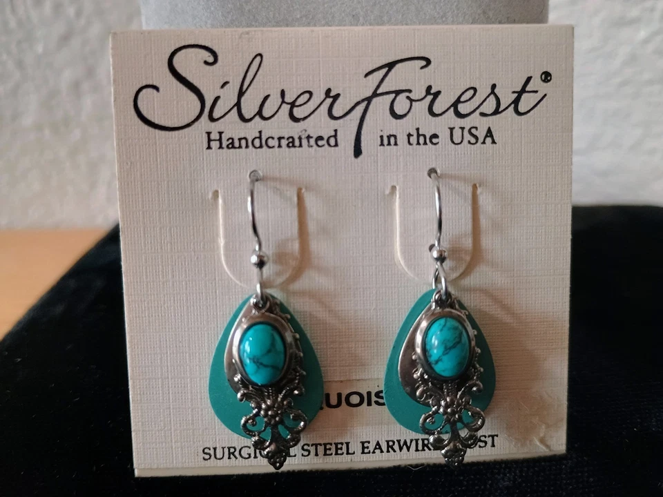 银森林绿松石金银丝珠泪珠形状悬钩耳环银色 — 第 2/4 张图片