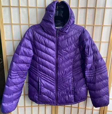 Xersion Lightweight Packable Premium Down Puffer Jacket W Hood Purple Women s L