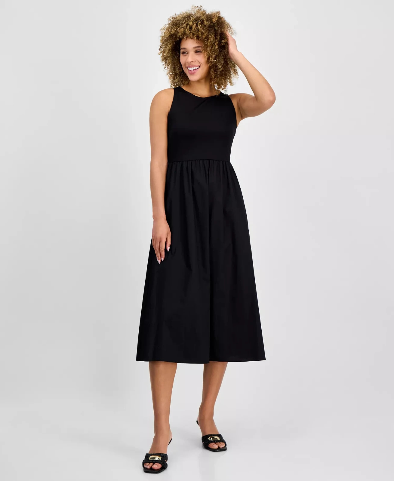 Anne Klein Women's Sleeveless Mixed-Media Midi Dress Black Size XXS 3033
