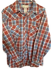 VTG Wrangler Men's L Pearl Snap Western Shirt Plaid Cowboy Long Sleeve Blue Red