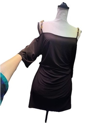 Y2K Mini Club Party Dress S/M Ruched Gold Chain Chocolate Asymmetric Bodycon