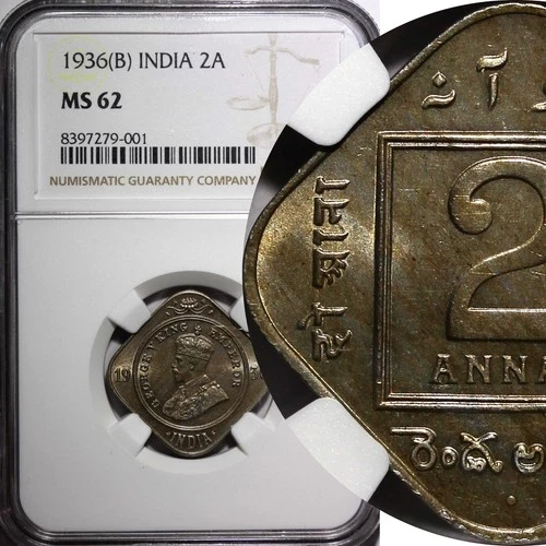 India-British George V 1936 (B) 2 Annas NGC MS62 Bombay Mint KM# 516 (001)
