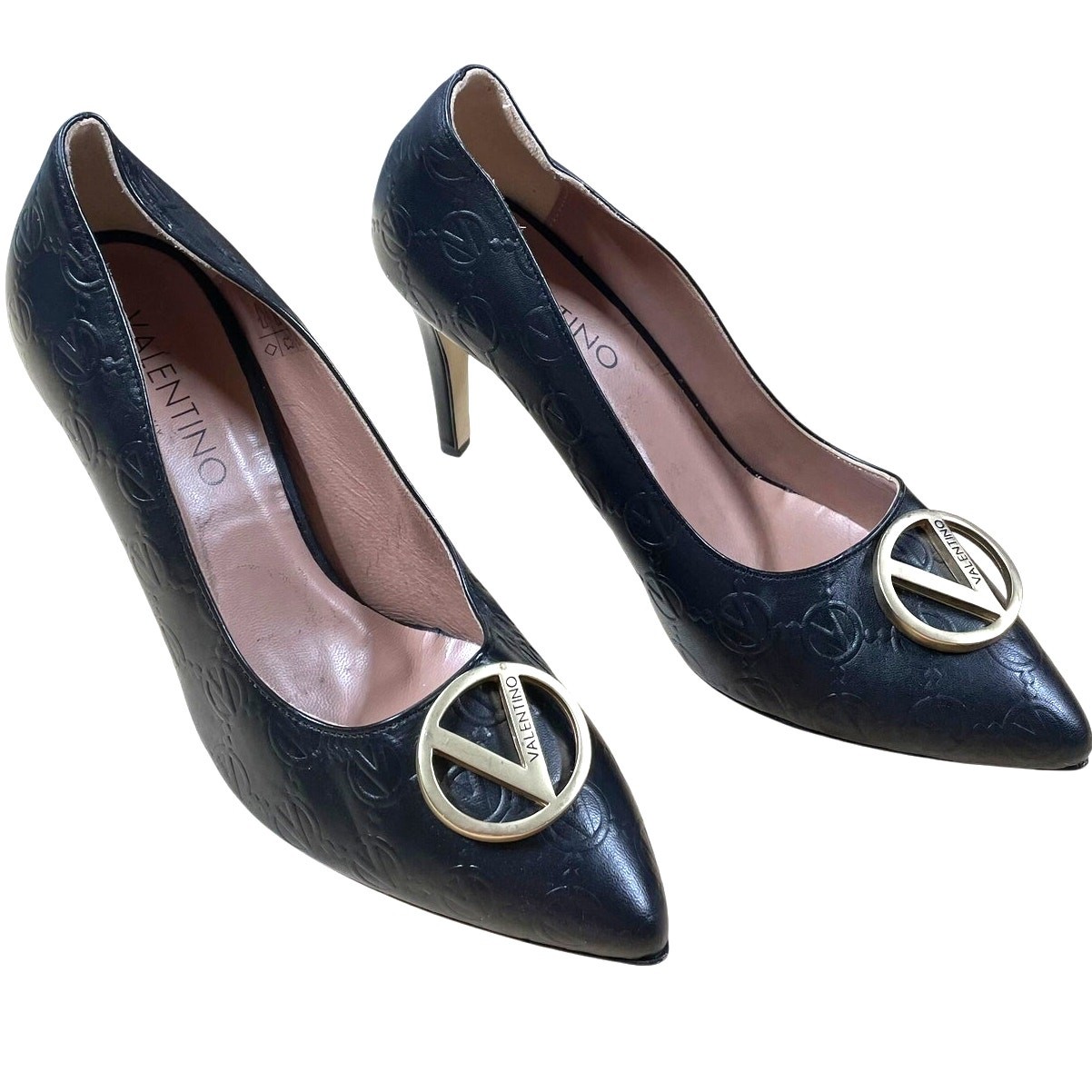 Valentino By Mario Valentino Clara Logo Black Leather Pump Size 10 EUC Pointed image 2