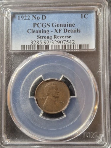1922 No D "Plain" Strong Reverse Cent PCGS XF Details Cleaning
