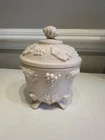 Vintage Jeannette Shell Pink Milk Glass Footed Lidded Candy Dish Grape Pattern