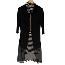 Joseph Ribkoff Cowl Neck Midi Dress Black Striped Mesh Hem Zipper Front Stretch