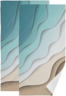 Turquoise Brown Cream Gradient Hand Towels Set of 2 Soft Abstract Beach Theme