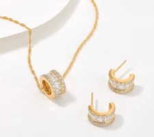 Diamonique Huggie Hoops & Barrel Necklace Set, 14K gold-plated Sterling Silver