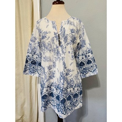 Soft Surroundings 100% Cotton Nimes Tunic Top S Blue White Toile Floral Eyelet