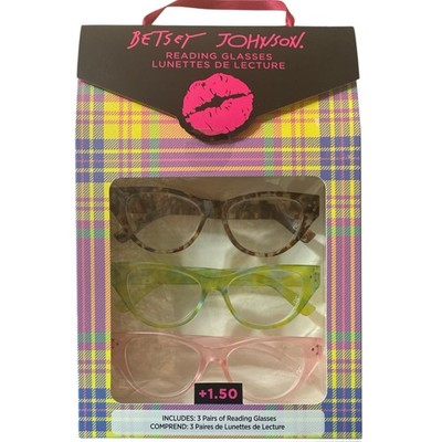 Betsey Johnson 3 Pairs +1.50 Cat Eye Reading Glasses Tortoise Pink Green