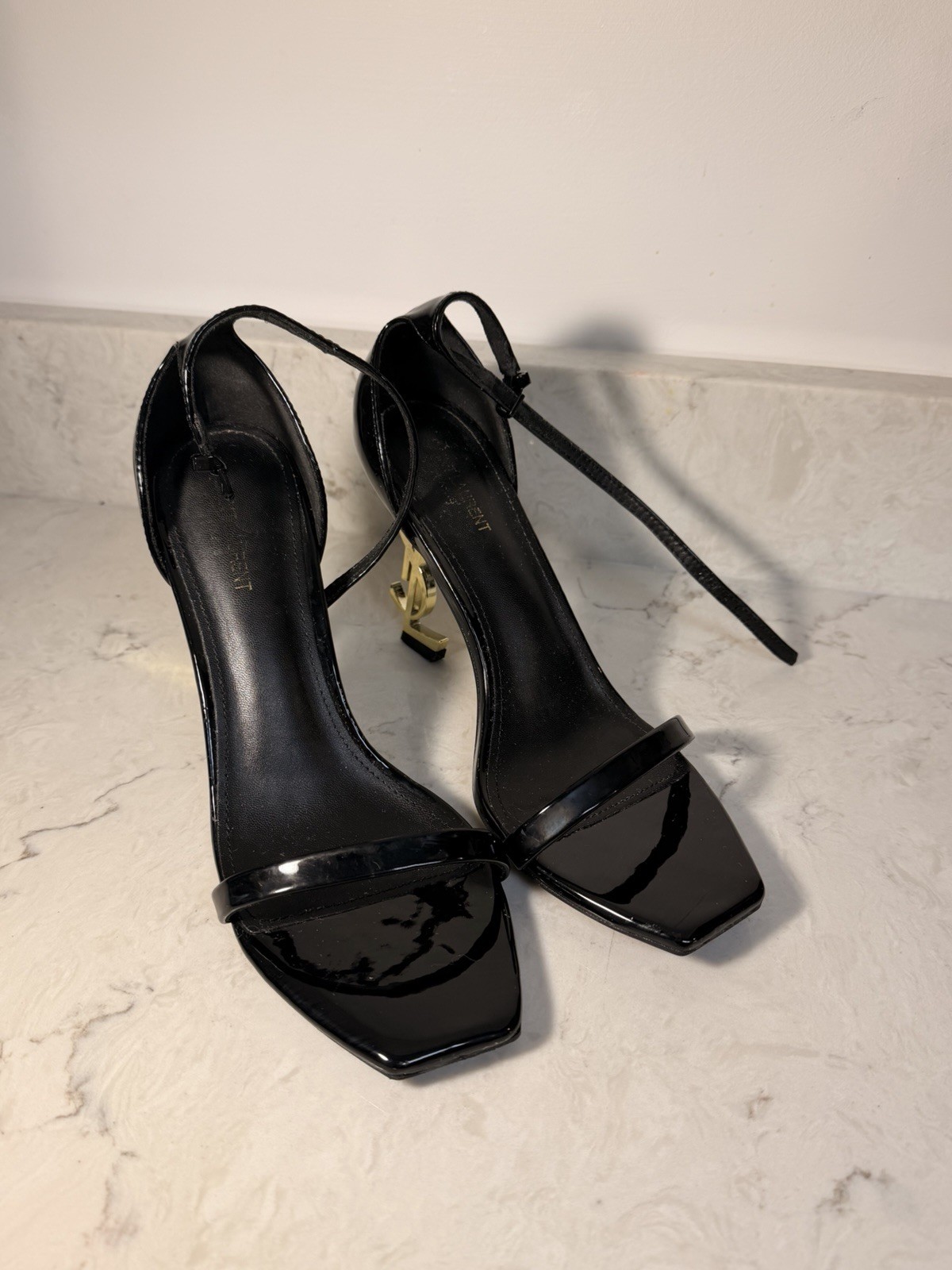 Saint Laurent Black Leather Square Toe Ankle Strap Strappy Heels US 10.5