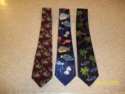3 Water Themed Adult Men's Ties Great White Shark Fish Variety Palm Trees & Boat - Image 1 of 4