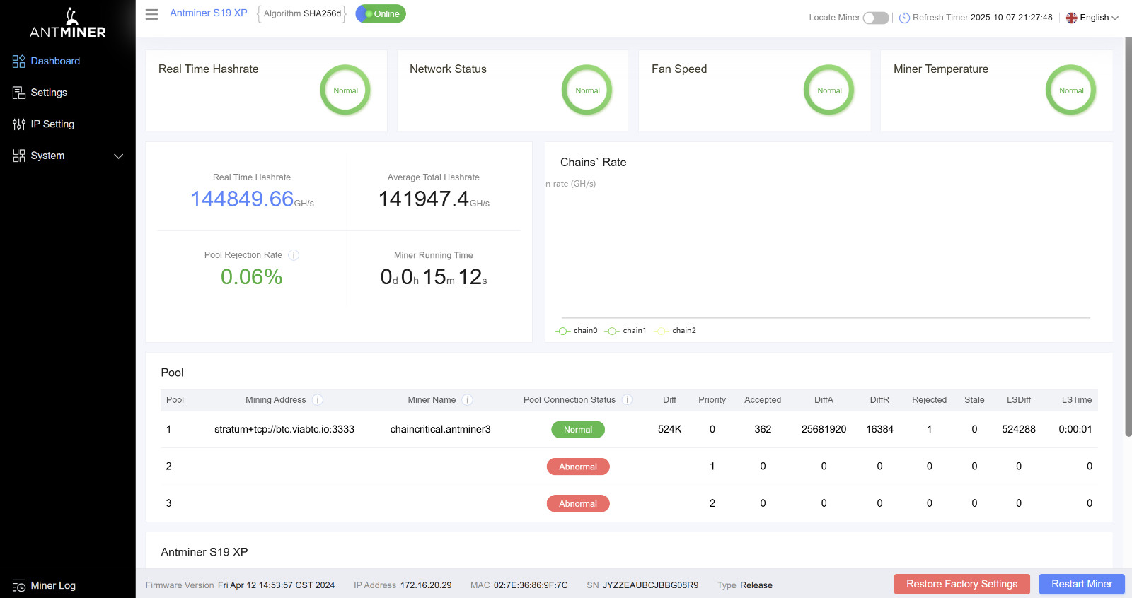 Bitmain Antminer S19 XP 141Th ASIC Bitcoin Miner ASIC Unit #3