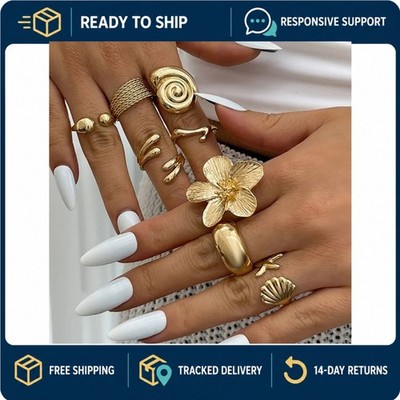 HMKEA Bohemian Gold Open Knuckle Ring Set Flower Starfish Beach Jewelry