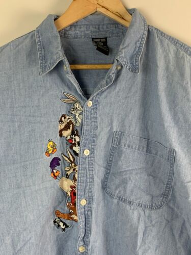 Vintage 90s Looney Tunes Warner Bros Denim Shirt XL Bugs Bunny Taz Tweety Unisex - Picture 2 of 11