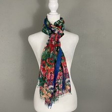 Blue Floral Multicolor Long Scarf Lightweight Woven 24" x 69" Wrap Watercolor