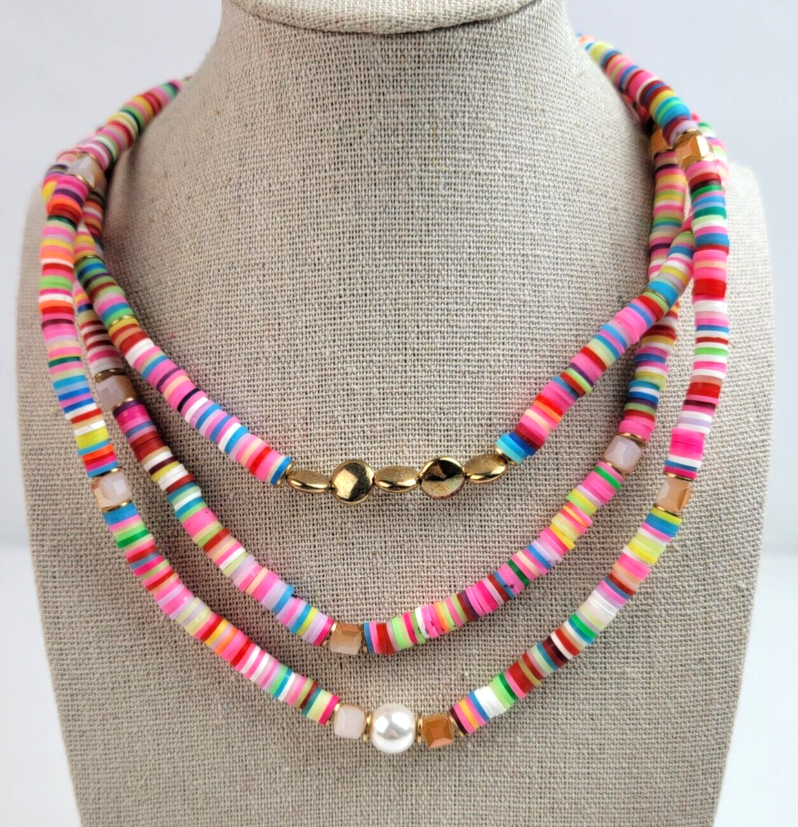 Colorful Polymer Beaded Necklace Surfer Heishi Style Beach Gold Tone Set Of  - Main Image