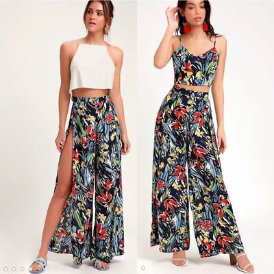Lulus Pauma Navy Blue Print Wide-Leg Pants Women s Size Medium NWT