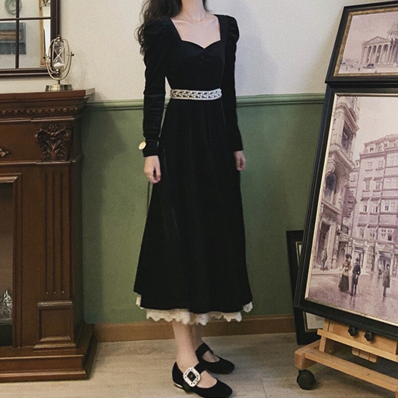 Women Velvet Midi Dress Lace Frill Ruffle High Waist