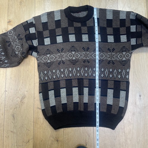 Mens Geometric Vintage Jumper XL Brown Crew Neck 90s Abstract Retro Sweatshirt - Picture 13 of 14